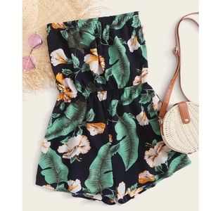 SHEIN Navy Strapless Tropical Floral Romper Shorts